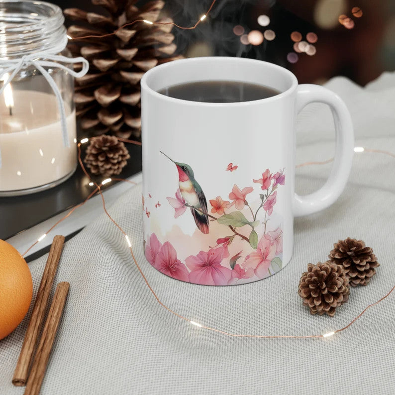 Kolibri Aquarelltasse - Geschenk für Vogelliebhaber - Geschenke für Sie - Kaffeetasse mit Blumen-Azaleen - Vogel-Teetasse - Kaffeetasse mit Frühlingsblumen