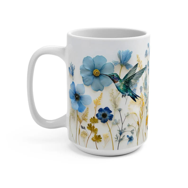 Pressed Flowers and Hummingbird Mug - Floral Elegance Meets Nature's Harmony