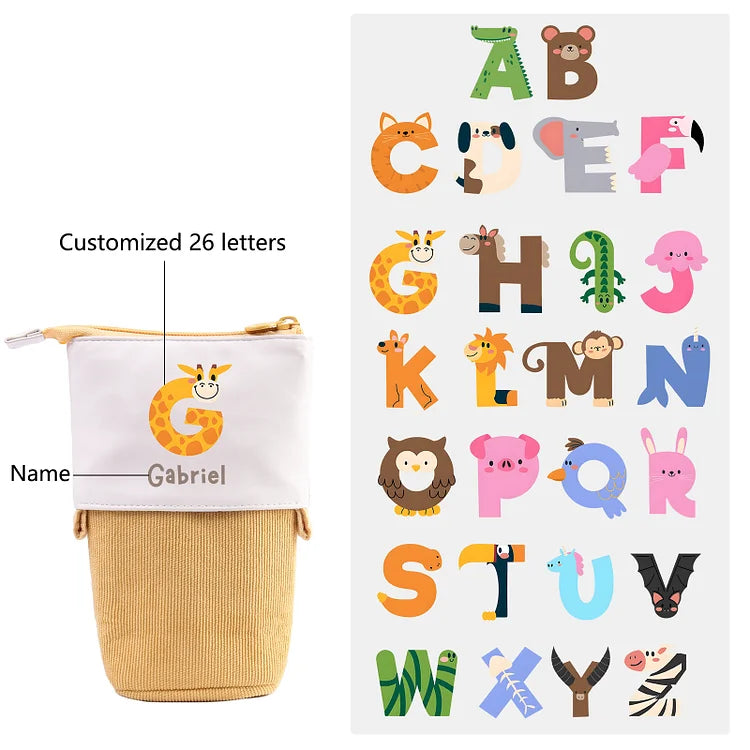 Personalized Pencil Case Custom Name & Letter Animals Pen Pouch Back To School Gift for Kids