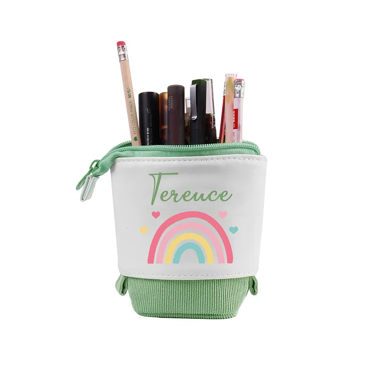 Personalisiertes Federmäppchen mit individuellem Namen, Regenbogen-Stiftetasche, Canvas, PU-Leder, Geschenk für Kinder zum Schulanfang