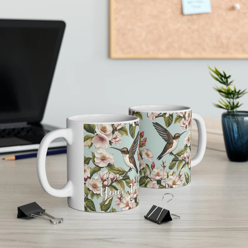 Personalized Hummingbird & Floral Coffee Mug, 11oz ceramic coffee cup, gift for birder twitcher birdwatcher hummingbird lover, nature lover