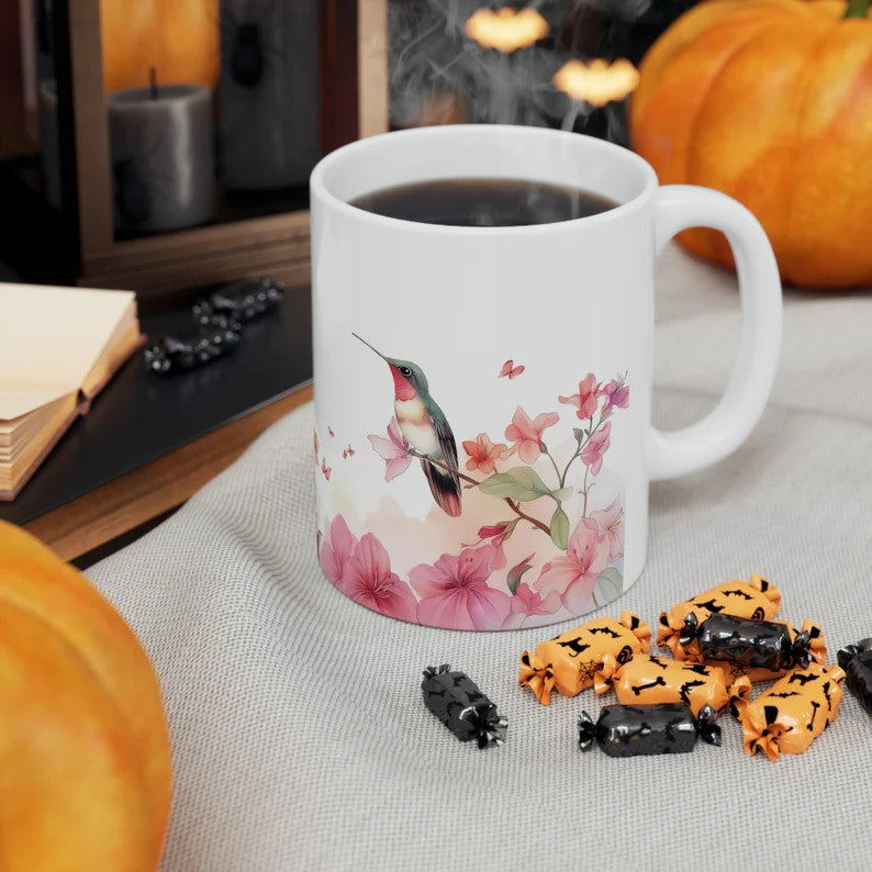 Kolibri Aquarelltasse - Geschenk für Vogelliebhaber - Geschenke für Sie - Kaffeetasse mit Blumen-Azaleen - Vogel-Teetasse - Kaffeetasse mit Frühlingsblumen