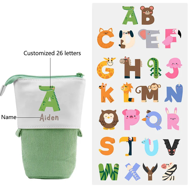 Personalisiertes Federmäppchen mit Namen - Buchstaben und Tiere - Stiftetasche - Schulanfang - Geschenk für Kinder