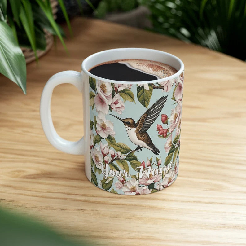 Tasse à café personnalisée Colibri &amp; Floral, tasse à café en céramique de 11 oz, cadeau pour l’amant de colibri ornithologue amateur, amoureux de la nature