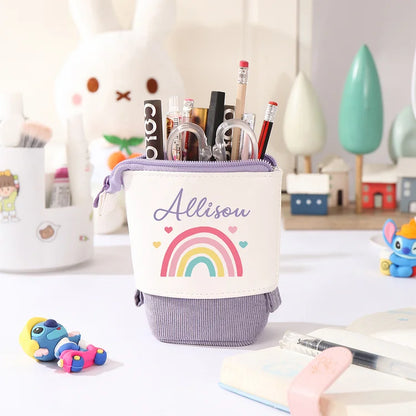 Personalisiertes Federmäppchen mit individuellem Namen, Regenbogen-Stiftetasche, Canvas, PU-Leder, Geschenk für Kinder zum Schulanfang