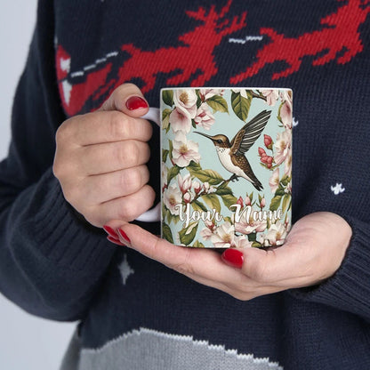 Personalized Hummingbird & Floral Coffee Mug, 11oz ceramic coffee cup, gift for birder twitcher birdwatcher hummingbird lover, nature lover