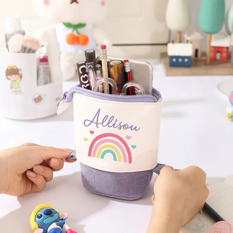 Personalisiertes Federmäppchen mit individuellem Namen, Regenbogen-Stiftetasche, Canvas, PU-Leder, Geschenk für Kinder zum Schulanfang