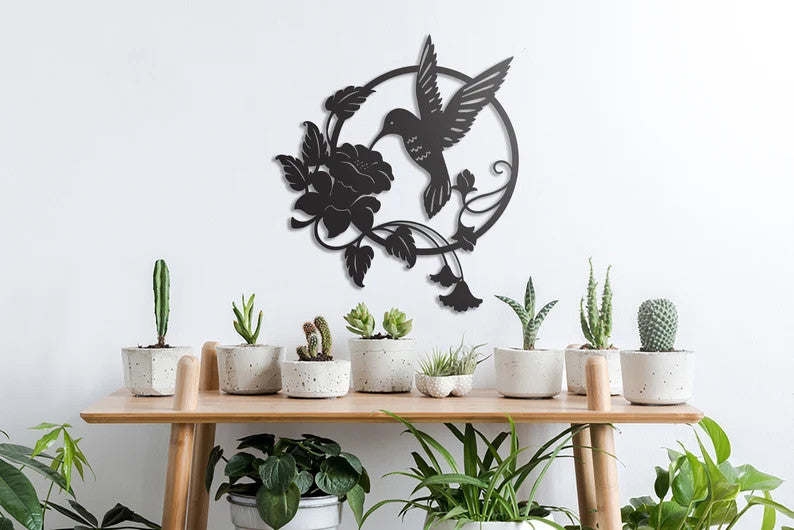 Signe de maison en métal de colibri, cadeau de maman, décor de jardin, art mural en métal de colibri