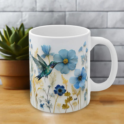 Pressed Flowers and Hummingbird Mug - Floral Elegance Meets Nature's Harmony