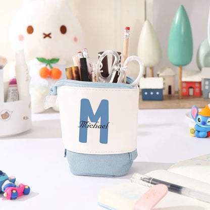 Personalized Pencil Case Custom Name - Letter Pen Pouch Canvas PU Leather Back To School Gift for Kids