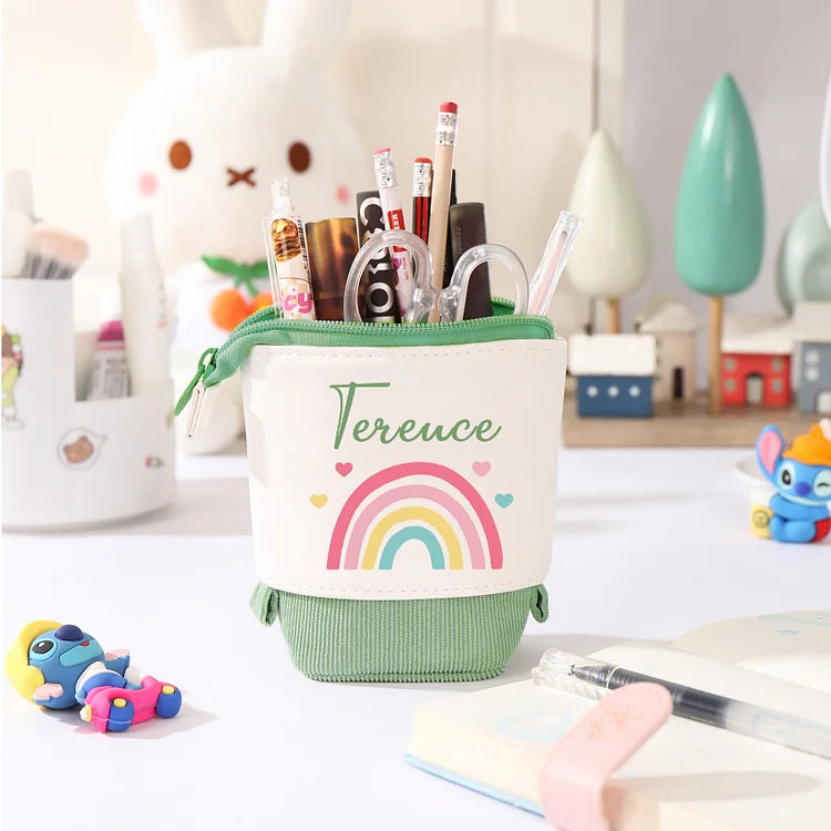 Personalisiertes Federmäppchen mit individuellem Namen, Regenbogen-Stiftetasche, Canvas, PU-Leder, Geschenk für Kinder zum Schulanfang