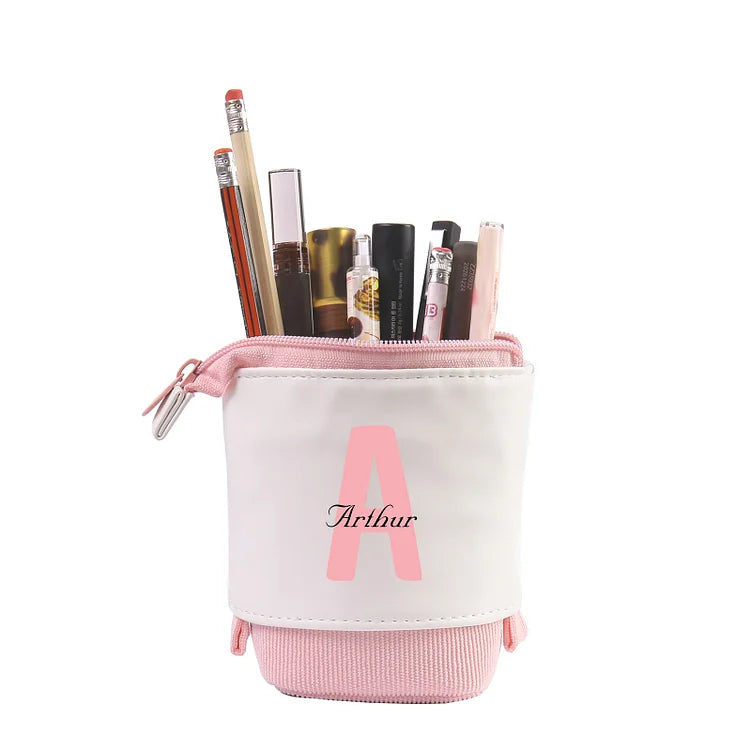 Personalized Pencil Case Custom Name - Letter Pen Pouch Canvas PU Leather Back To School Gift for Kids