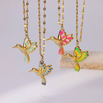 Lady Animal Bird Copper Enamel Plating Inlay Zircon Pendant Necklace