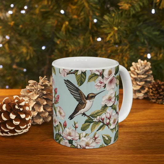 Personalized Hummingbird & Floral Coffee Mug, 11oz ceramic coffee cup, gift for birder twitcher birdwatcher hummingbird lover, nature lover