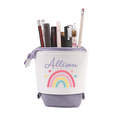 Personalisiertes Federmäppchen mit individuellem Namen, Regenbogen-Stiftetasche, Canvas, PU-Leder, Geschenk für Kinder zum Schulanfang