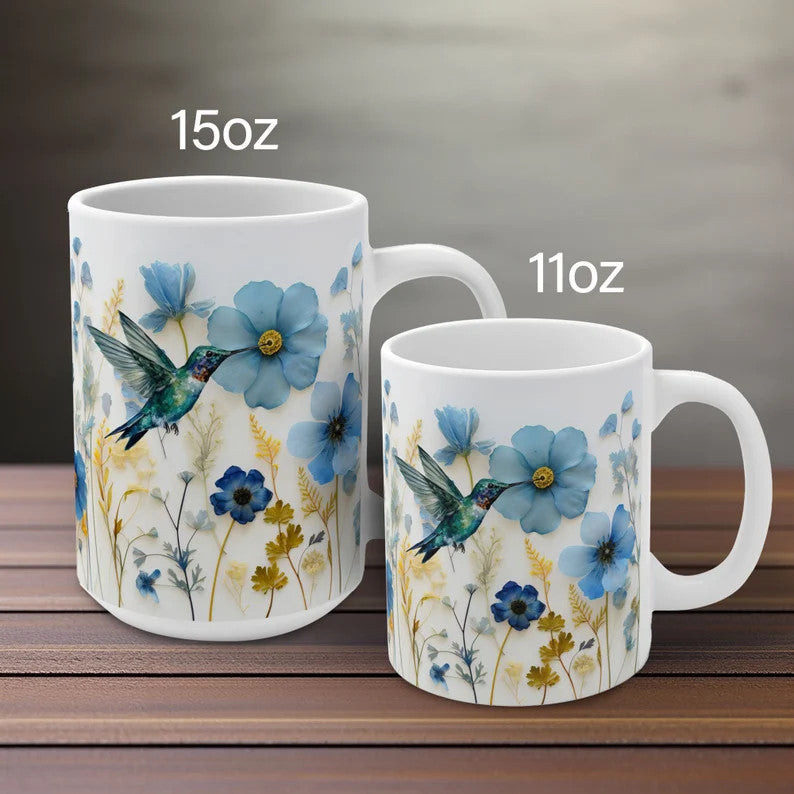 Pressed Flowers and Hummingbird Mug - Floral Elegance Meets Nature's Harmony