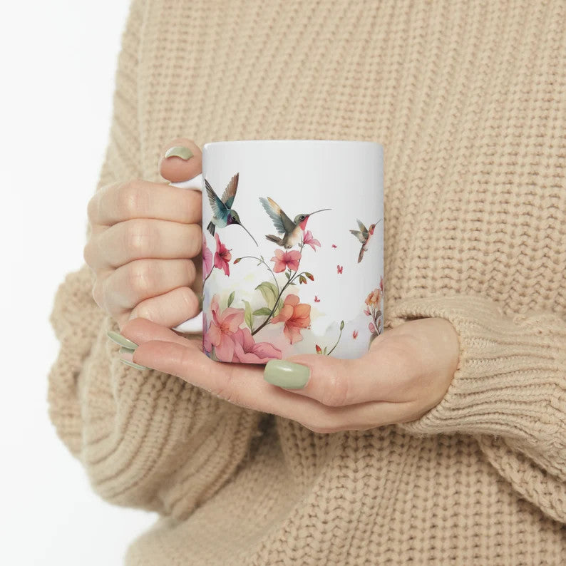 Kolibri Aquarelltasse - Geschenk für Vogelliebhaber - Geschenke für Sie - Kaffeetasse mit Blumen-Azaleen - Vogel-Teetasse - Kaffeetasse mit Frühlingsblumen