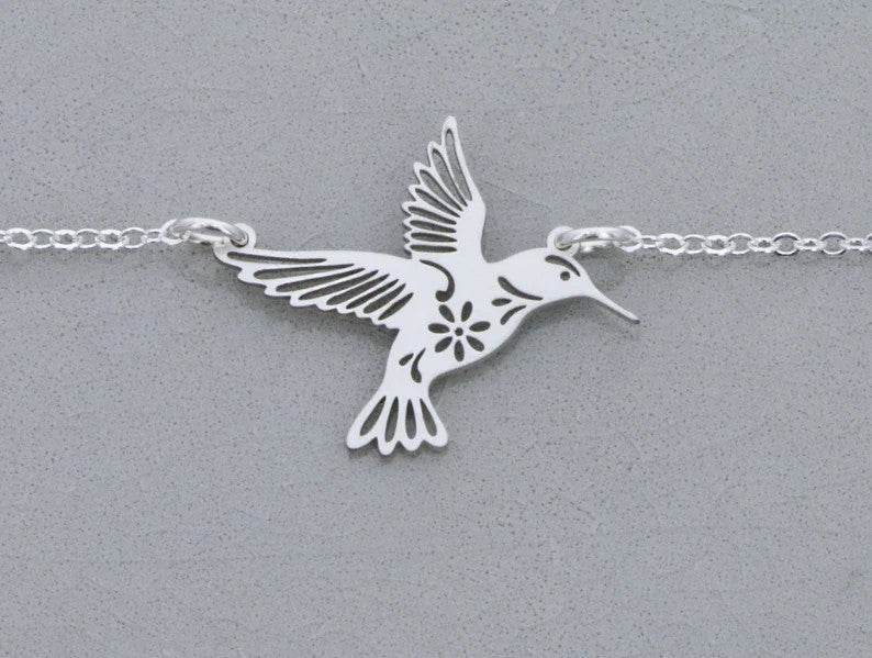 Hummingbird Necklace • Sterling Silver Bird Lover Charm Jewelry • Cutout Geometric Avian Hummer Gift • Intricate Outline Silhouette Winged