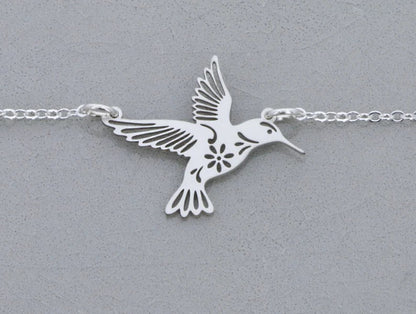 Hummingbird Necklace • Sterling Silver Bird Lover Charm Jewelry • Cutout Geometric Avian Hummer Gift • Intricate Outline Silhouette Winged