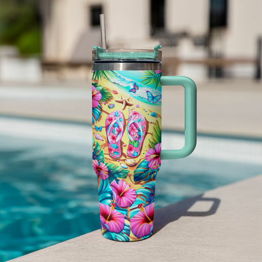 40 Oz  Shineful Tumbler Tropical Pink Flipflop