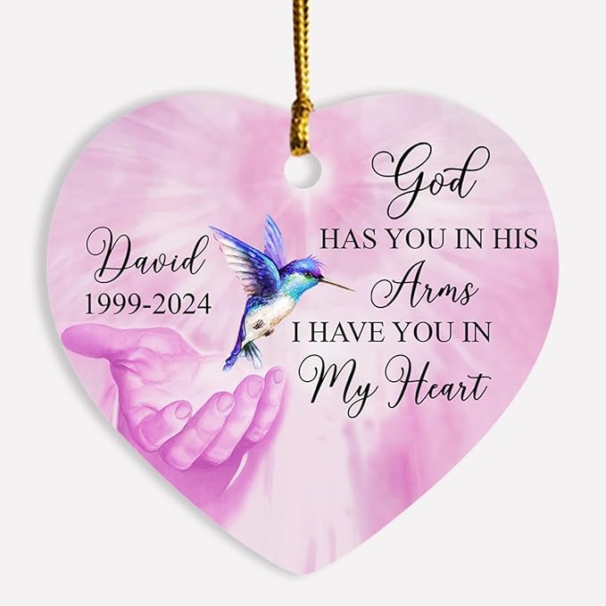 Personalized God Has You in His Arms I Have You in My Heart Ornament, Custom Name Memorial Ornaments Gift for Lost Loved One, Hummingbird in Loving Memory Ornament Xmas, Christmas in Heaven Ornaments