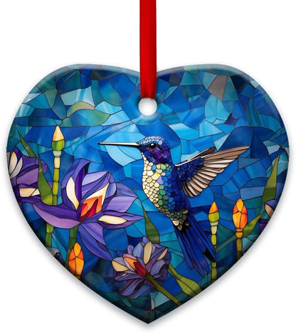 Christmas Ornaments, Christmas Tree Decorations - Colorful Stained Glass Snowflakes Crystal, Beautiful Flower Hummingbird Ceramic Heart Ornament - Best Gifts for Christmas