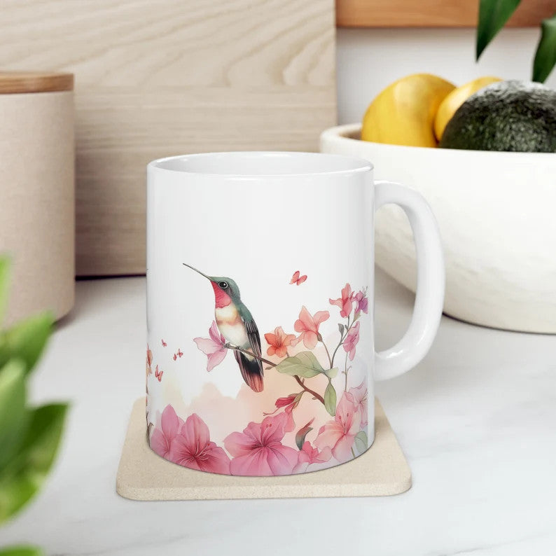 Kolibri Aquarelltasse - Geschenk für Vogelliebhaber - Geschenke für Sie - Kaffeetasse mit Blumen-Azaleen - Vogel-Teetasse - Kaffeetasse mit Frühlingsblumen