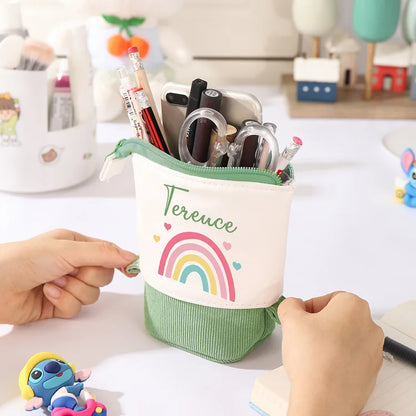 Personalized Pencil Case Custom Name Rainbow Pen Pouch Canvas PU Leather Back To School Gift for Kids