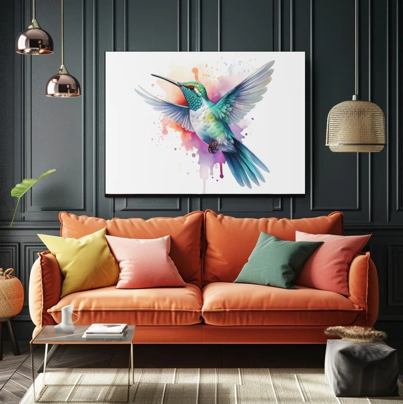 Kolibri Leinwand, Kolibri Wandkunst, Aquarell Kolibri Kunstwerk, Minimalistisches Kunstdesign, Wohnzimmer Dekor