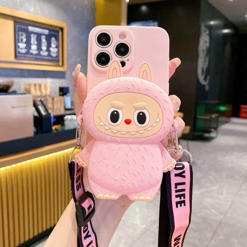 3D Labubu Zipper Silicone Wallet Phone Case For iPhone