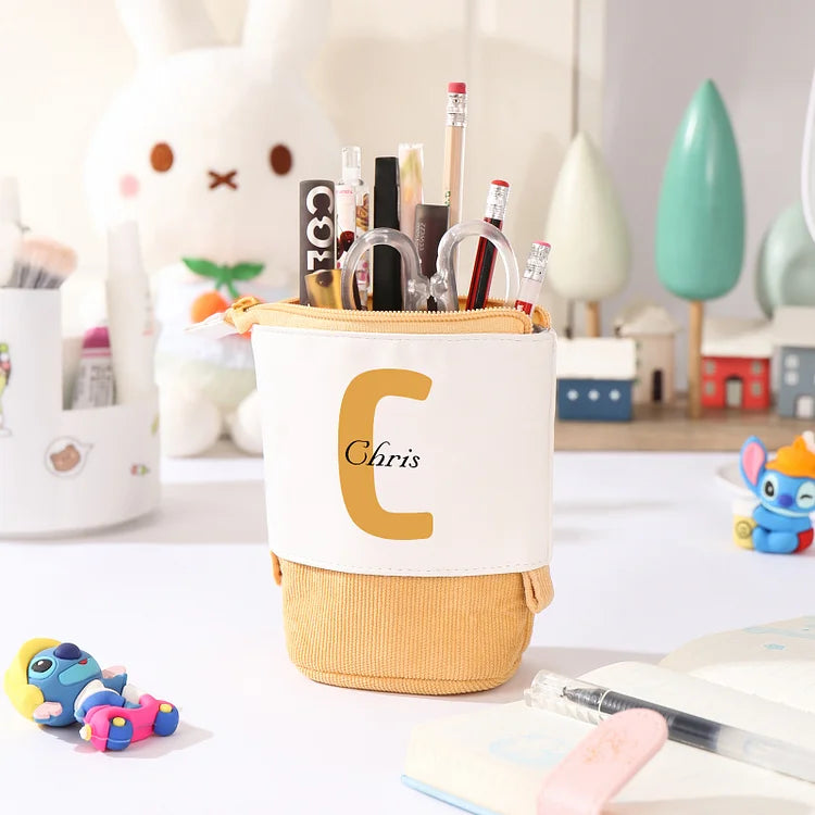 Personalized Pencil Case Custom Name & Letter Pen Pouch Canvas PU Leather Back To School Gift for Kids