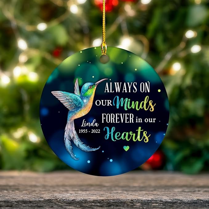 Personalized Memorial Circle Ornament,Photo Change Upload, Custom Name, Sympathy Gifts - Bereavement Gifts - Decoration Christmas in Heaven MemorialCeramic (Hummingbird Always with You)