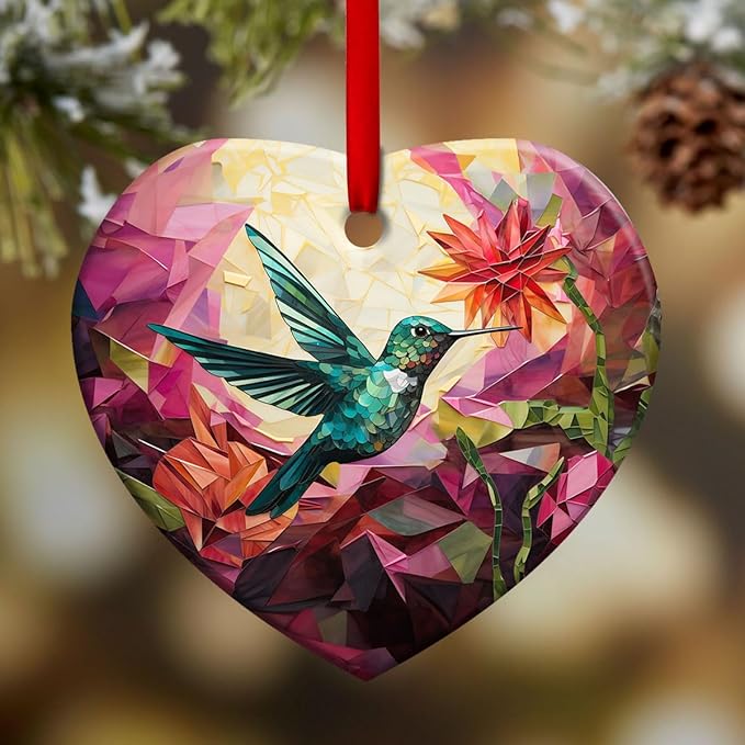 Christmas Ornaments, Christmas Tree Decorations - Colorful Stained Glass Snowflakes Crystal, Beautiful Flower Hummingbird Ceramic Heart Ornament - Best Gifts for Christmas