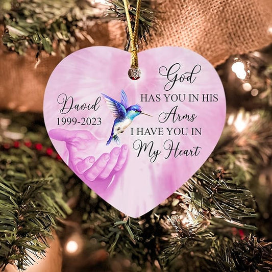 Personalized God Has You in His Arms I Have You in My Heart Ornament, Custom Name Memorial Ornaments Gift for Lost Loved One, Hummingbird in Loving Memory Ornament Xmas, Christmas in Heaven Ornaments