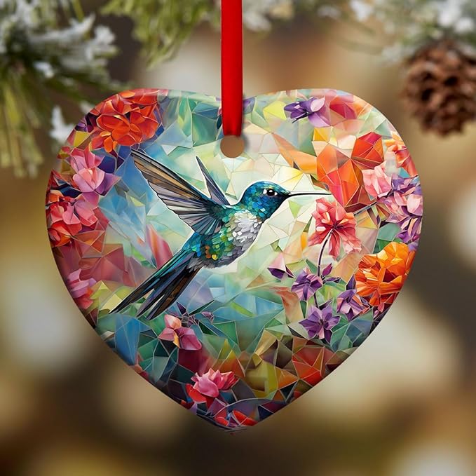 Christmas Ornaments, Christmas Tree Decorations - Colorful Stained Glass Snowflakes Crystal, Beautiful Flower Hummingbird Ceramic Heart Ornament - Best Gifts for Christmas