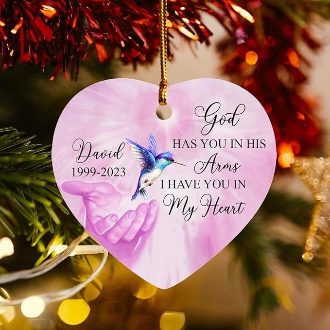 Personalized God Has You in His Arms I Have You in My Heart Ornament, Custom Name Memorial Ornaments Gift for Lost Loved One, Hummingbird in Loving Memory Ornament Xmas, Christmas in Heaven Ornaments