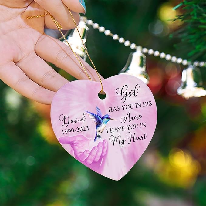 Personalized God Has You in His Arms I Have You in My Heart Ornament, Custom Name Memorial Ornaments Gift for Lost Loved One, Hummingbird in Loving Memory Ornament Xmas, Christmas in Heaven Ornaments