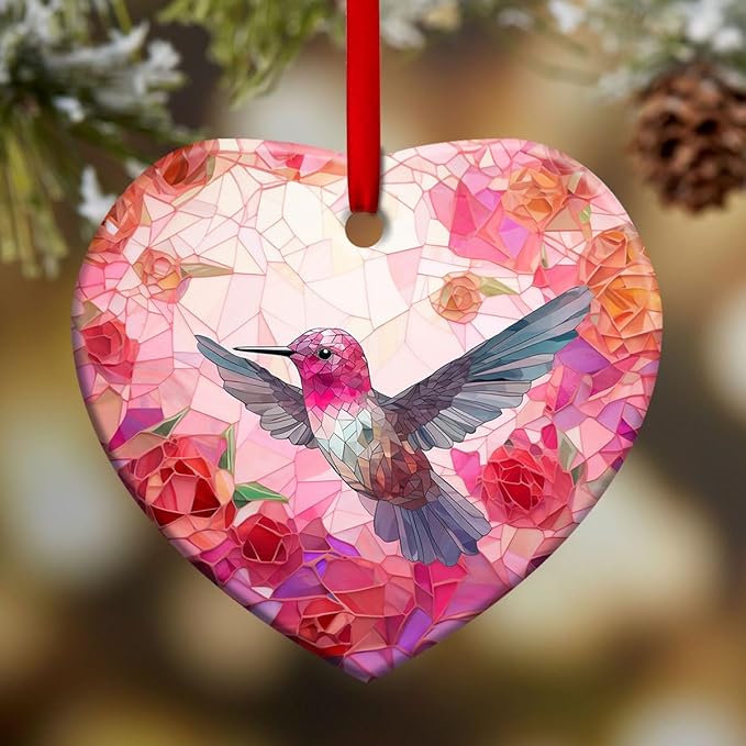 Christmas Ornaments, Christmas Tree Decorations - Colorful Stained Glass Snowflakes Crystal, Beautiful Flower Hummingbird Ceramic Heart Ornament - Best Gifts for Christmas