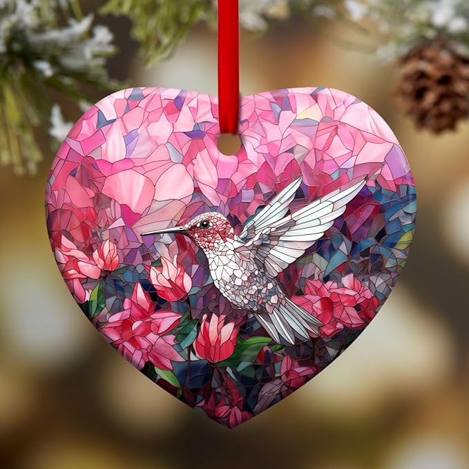 Christmas Ornaments, Christmas Tree Decorations - Colorful Stained Glass Snowflakes Crystal, Beautiful Flower Hummingbird Ceramic Heart Ornament - Best Gifts for Christmas