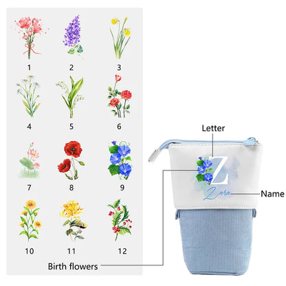 Personalisiertes Federmäppchen mit Namen, Buchstaben und Geburtstagsblumen-Stiftetasche, Schulanfangsgeschenk für Kinder