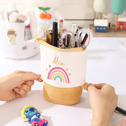 Personalisiertes Federmäppchen mit individuellem Namen, Regenbogen-Stiftetasche, Canvas, PU-Leder, Geschenk für Kinder zum Schulanfang