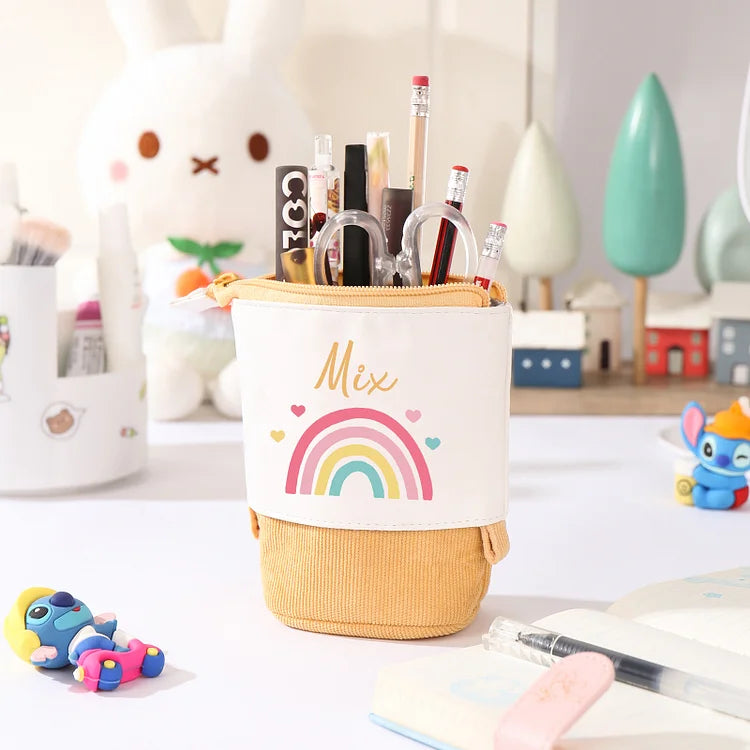 Personalisiertes Federmäppchen mit individuellem Namen, Regenbogen-Stiftetasche, Canvas, PU-Leder, Geschenk für Kinder zum Schulanfang