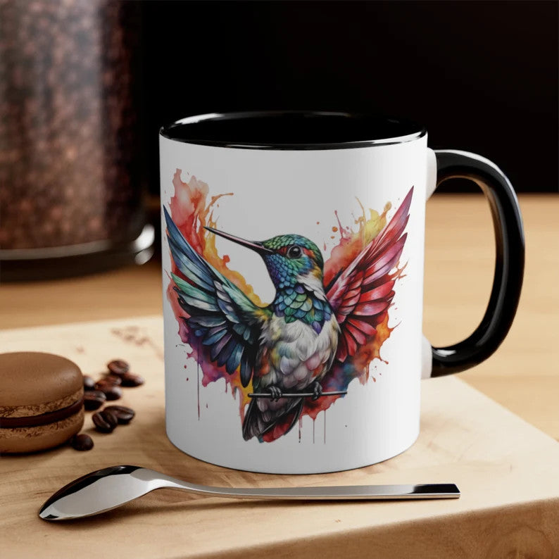 Kolibri-Tasse, ein farbenfrohes Geschenk für Vogelliebhaber, künstlerische Kolibri-Tasse, Aquarell-Kolibri-Design, lebendiger Akzent, Kaffeetasse, 312 ml