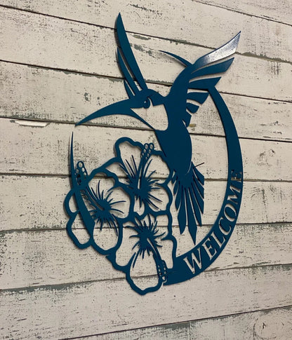 Hummingbird Hibiscus Welcome Sign - Door Decor - Bird Welcome Sign - Metal Handcrafted Yard Art