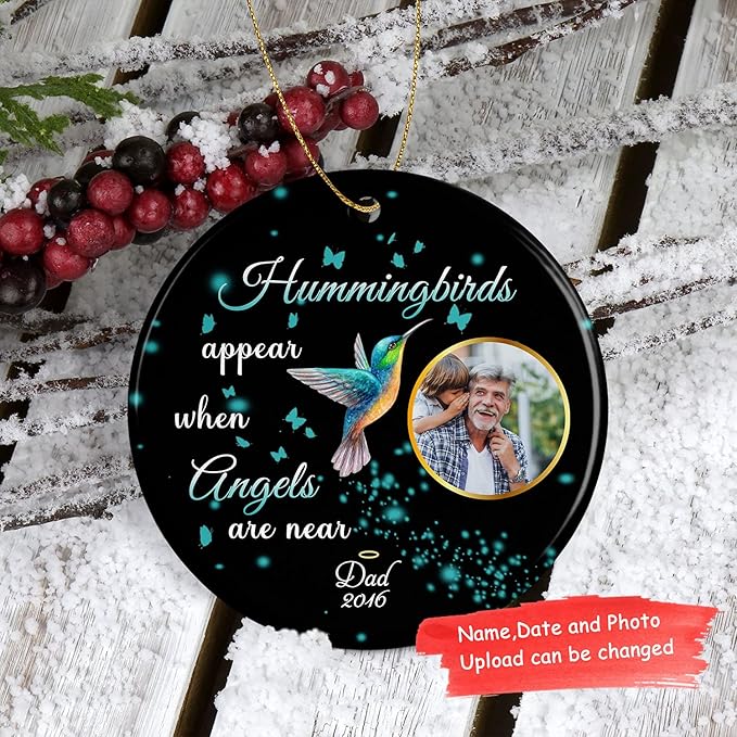 Personalized Memorial Circle Ornament,Photo Change Upload, Custom Name, Sympathy Gifts - Bereavement Gifts - Decoration Christmas in Heaven MemorialCeramic (Hummingbird Always with You)