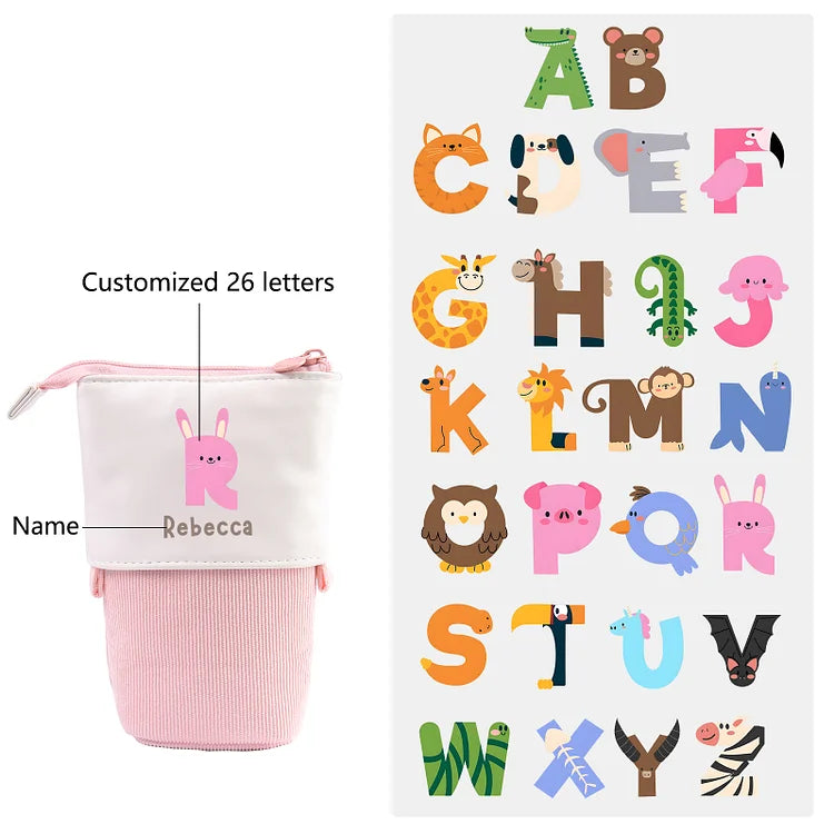 Personalisiertes Federmäppchen mit Namen - Buchstaben und Tiere - Stiftetasche - Schulanfang - Geschenk für Kinder