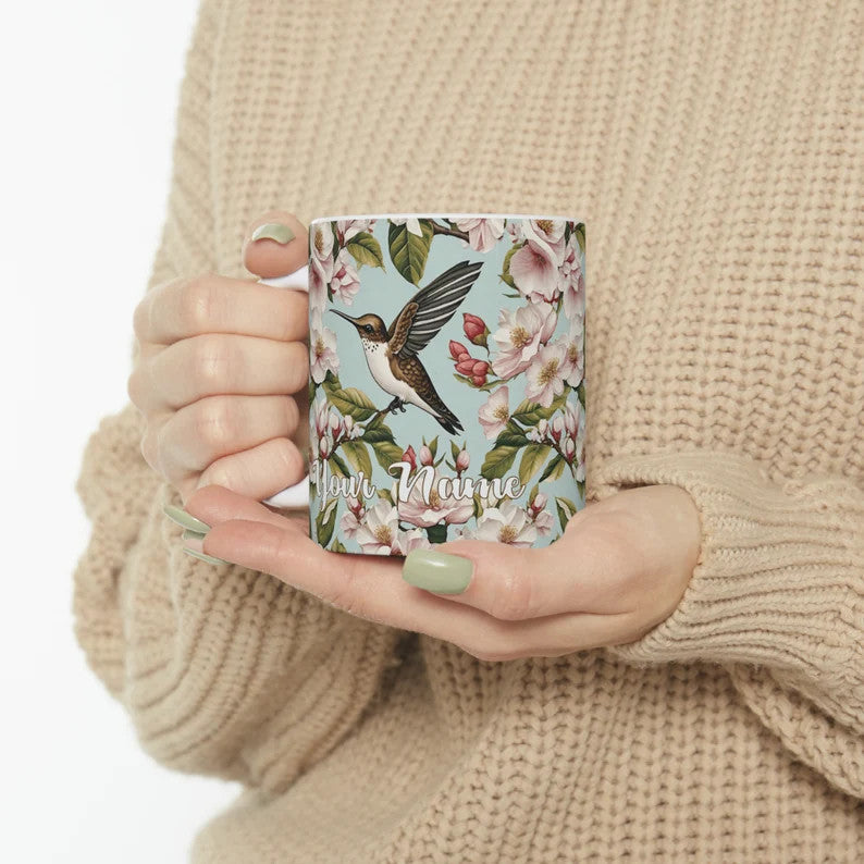 Personalized Hummingbird & Floral Coffee Mug, 11oz ceramic coffee cup, gift for birder twitcher birdwatcher hummingbird lover, nature lover