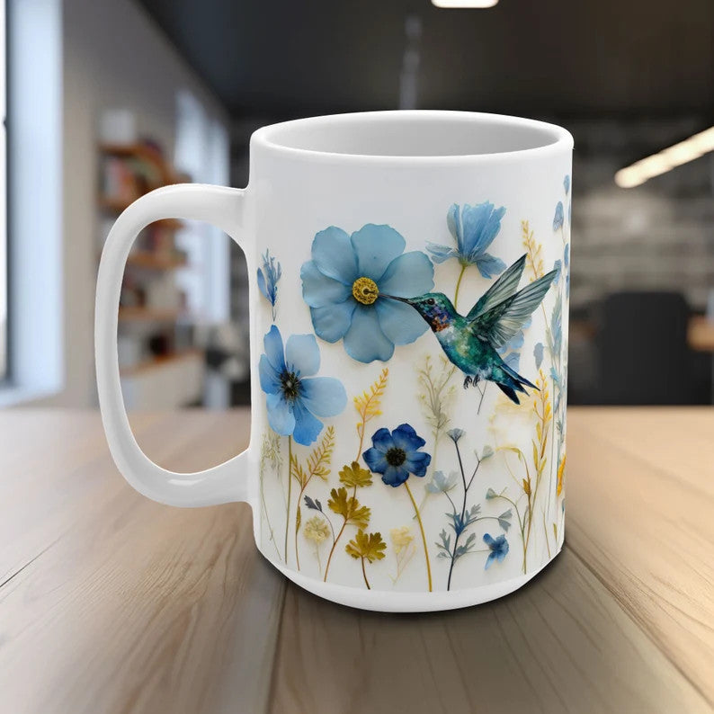 Pressed Flowers and Hummingbird Mug - Floral Elegance Meets Nature's Harmony