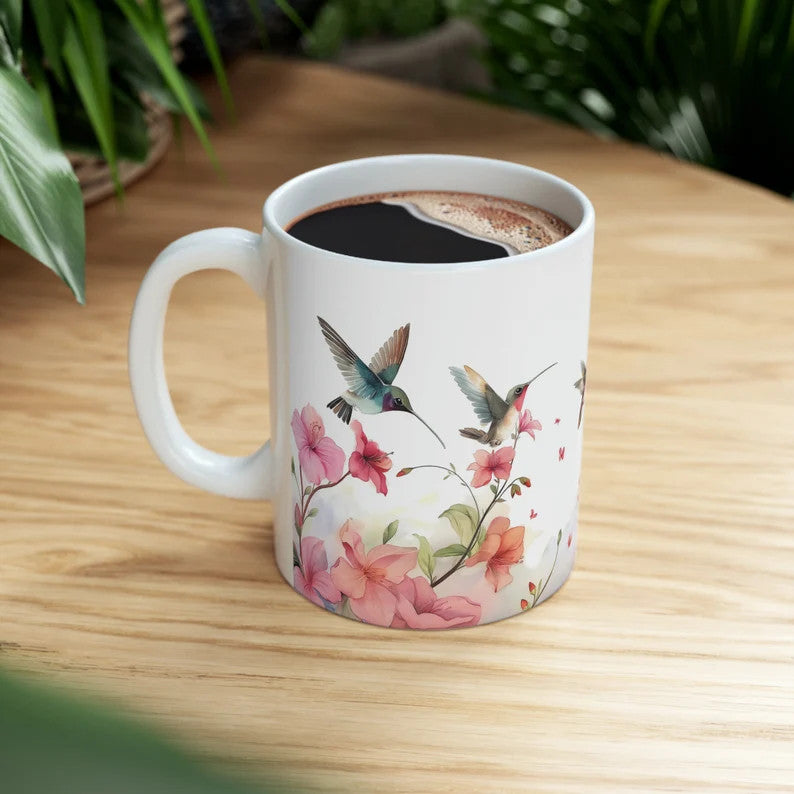 Hummingbird Water Color Mug - Bird Lover Gift - Gifts for Her - Floral Azaleas Coffee Mug - Bird Tea Mug - Spring Flowers Coffee Mug