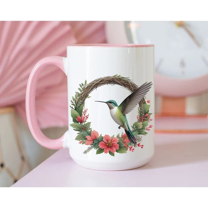 Tasse de colibri, tasse de fleur, tasse de café rose, jolie tasse, colibri, cadeau d’amoureux des oiseaux, tasse Shabby Chic